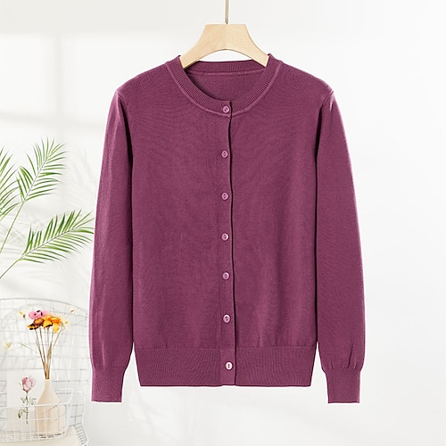 

Women's Cardigan Sweater Jumper Knit Button Knitted Pure Color Crew Neck Stylish Casual Outdoor Work Spring Summer Purple Yellow One-Size / Long Sleeve / Regular Fit / Going out