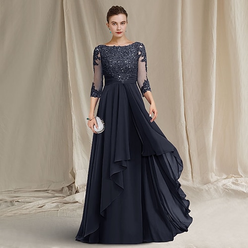 

A-Line Mother of the Bride Dress Luxurious Elegant Jewel Neck Floor Length Chiffon Lace Sequined 3/4 Length Sleeve with Pleats Beading Appliques 2022