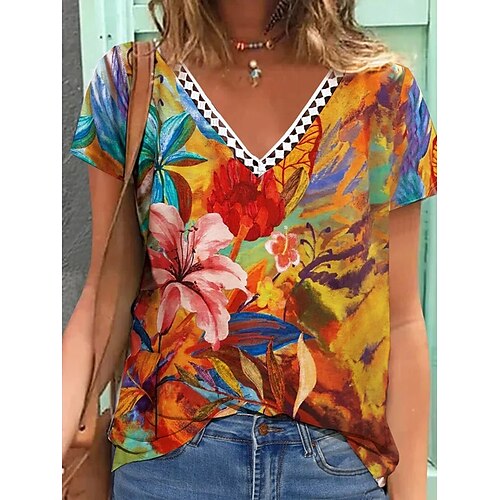 

Women's Floral Theme Painting T shirt Floral Lace Trims Print V Neck Basic Tops Yellow / 3D Print