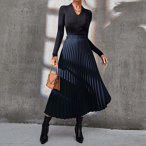 

Women's Skirt Swing Midi Polyester Black Skirts Summer Pleated Fashion Casual Daily Weekend S M L