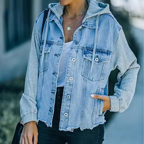 

Women's Denim Jacket Hoodie Jacket Outdoor Street Daily Spring Summer Regular Coat Regular Fit Breathable Streetwear Casual Jacket Long Sleeve Solid Color Pocket Blue