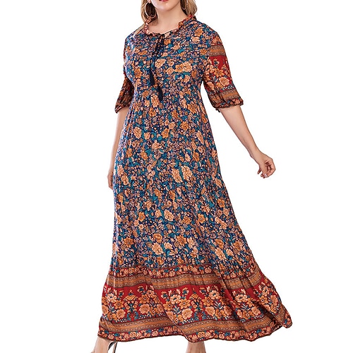 

Women's Plus Size Casual Dress Floral Crew Neck Print Half Sleeve Fall Spring Casual Maxi long Dress Daily Vacation Dress / Cotton
