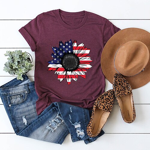 

Women's Casual Weekend Independence Day Floral Painting T shirt Tee Sunflower American Flag Short Sleeve Print Round Neck Basic Tops White Black Purple S