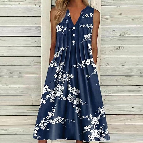 

Women's Shift Dress Midi Dress Blue Sleeveless Floral Ruched Spring Summer V Neck Vacation Loose Fit 2023 S M L XL XXL 3XL