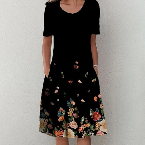 

Women's Casual Dress Shift Dress Midi Dress Black Short Sleeve Floral Ruched Spring Summer Crew Neck Basic Daily Vacation Weekend 2023 S M L XL XXL 3XL