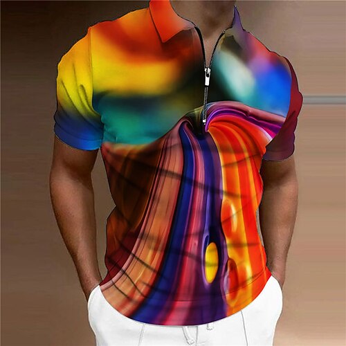 

Men's Collar Polo Shirt Golf Shirt Gradient Turndown Rainbow 3D Print Casual Daily Short Sleeve Zipper Print Clothing Apparel Fashion Designer Casual Breathable / Sports