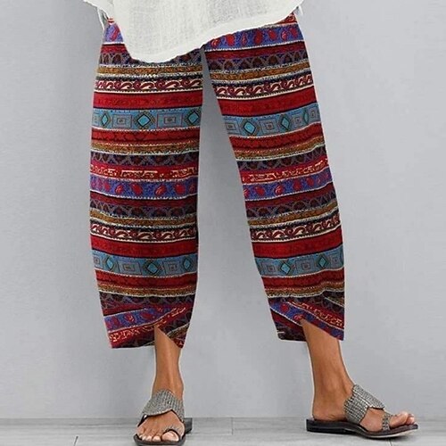 

Women's Chinos Pants Trousers Faux Linen Red Mid Waist Casual / Sporty Athleisure Casual Weekend Print Micro-elastic Ankle-Length Comfort Geometric Pattern S M L XL XXL / Loose Fit