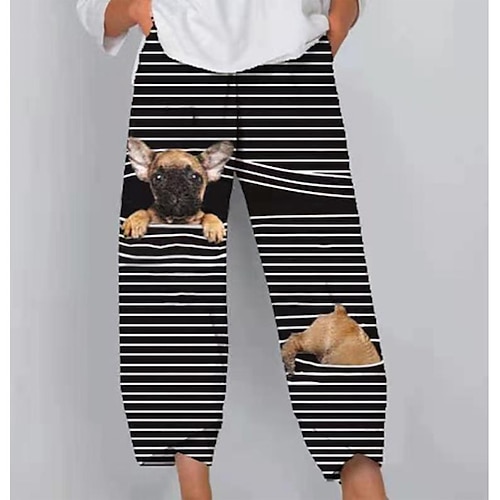 

Women's Chinos Pants Trousers Black / White White / Black BlackGrey Mid Waist Fashion Casual Weekend Side Pockets Print Micro-elastic Ankle-Length Comfort Cat S M L XL XXL