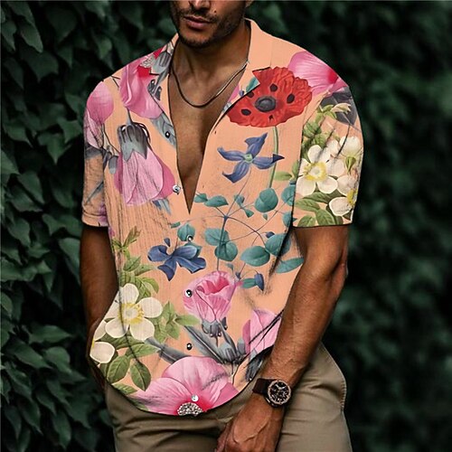 

Men's Shirt Print Floral Turndown Street Casual Button-Down Print Short Sleeve Tops Casual Fashion Designer Breathable Pink