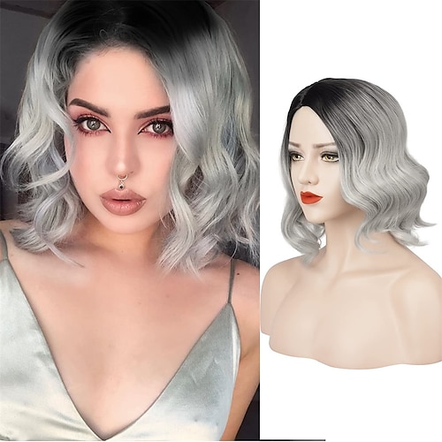 

Bob Grey Pastel Wavy Wigs 14 Inch Short Ombre Curly Wavy Synthetic Wigs with R Part Shoulder Length Natural Looking Cosplay Costume Wig for Women Girls