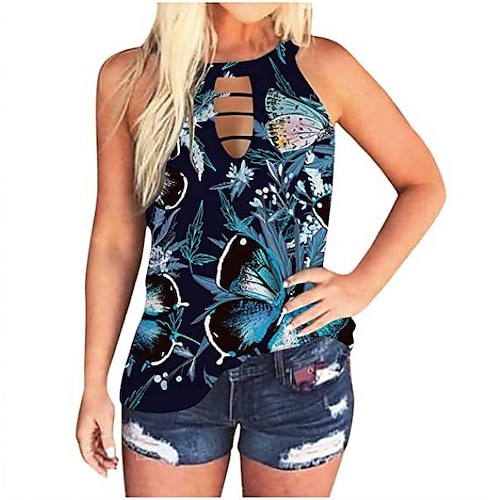 

Women's Tank Top Halter Crisscross Tank Blue Wine Black Flower Patchwork Cut Out Sleeveless Casual Daily Vintage Casual Halter Neck Regular Cotton Floral S