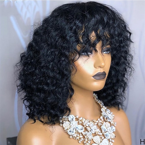 

Human Hair Wig Water Wave With Bangs Natural Black Adjustable Easy to Carry Natural Hairline Machine Made Brazilian Hair Women's Natural Black #1B 8 inch 10 inch 12 inch Party / Evening Daily Wear