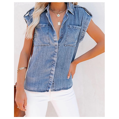 

Women's Daily Weekend Blouse Shirt Plain Short Sleeve Pocket Button Shirt Collar Casual Streetwear Tops Denim Blue S