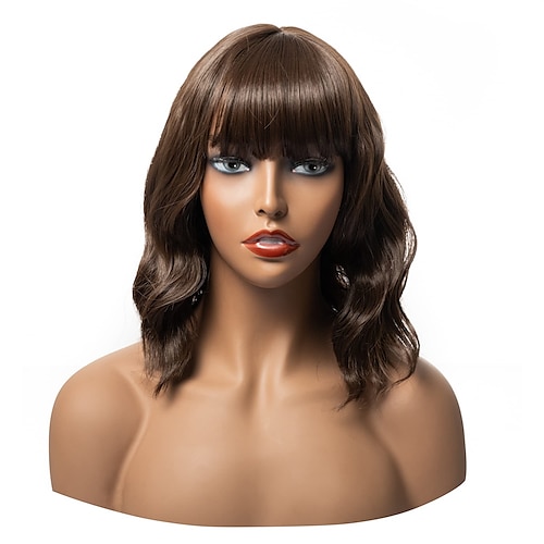 

Brown Wavy Bob Wig with Bangs for Women Girls Shoulder Length Heat Resistant Synthetic Fiber Daily Use Costume Cosplay Halloween Party Curly Hair 14 inch