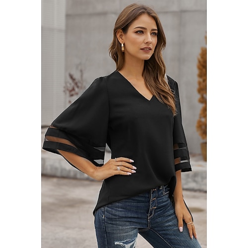 

Women's Blouse Shirt Blue Pink Yellow Plain Mesh Patchwork 3/4 Length Sleeve Daily Weekend Streetwear Casual V Neck Regular S
