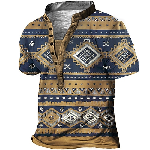 

Men's Henley Shirt Tee T shirt Tee 3D Print Graphic Argyle Plus Size Stand Collar Daily Sports Button-Down Print Short Sleeve Tops Basic Casual Designer Big and Tall Blue