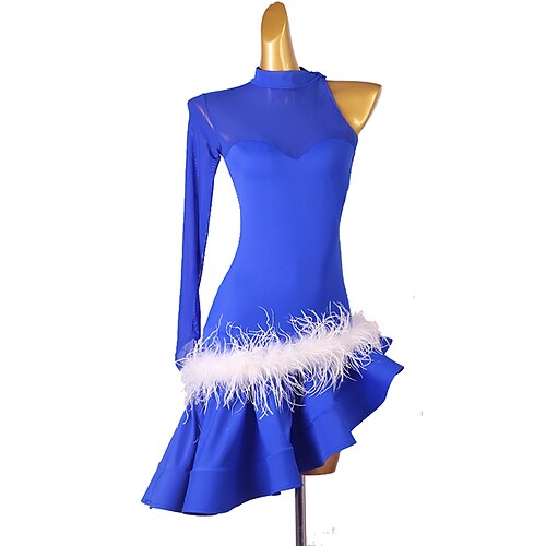 

Latin Dance Dress Feathers / Fur Split Joint Women's Training Performance Long Sleeve Chinlon Mesh
