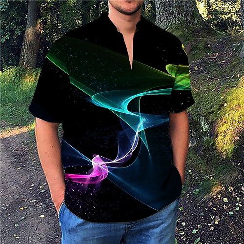 

Men's Shirt Print Linear V Neck Street Casual Print Short Sleeve Tops Casual Fashion Designer Breathable Black