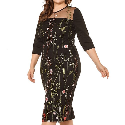 

Women's Plus Size Party Dress Floral Crew Neck Split 3/4 Length Sleeve Fall Winter Casual Midi Dress Daily Weekend Dress / Mesh