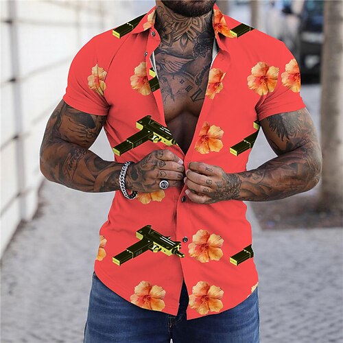

Men's Shirt Print Floral Turndown Street Casual Button-Down Print Short Sleeve Tops Casual Fashion Designer Breathable Orange