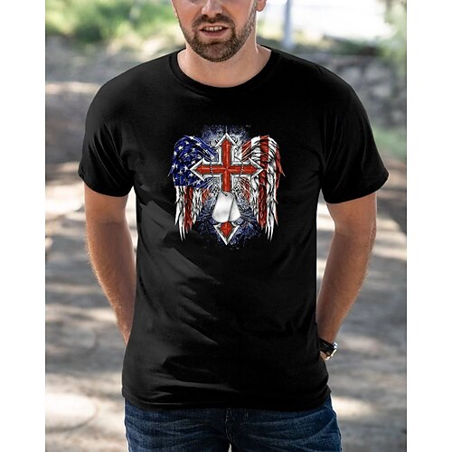 

Men's T shirt Tee Hot Stamping Wings Cross American Flag Round Neck Casual Daily Print Short Sleeve Tops Simple Basic Black Blue