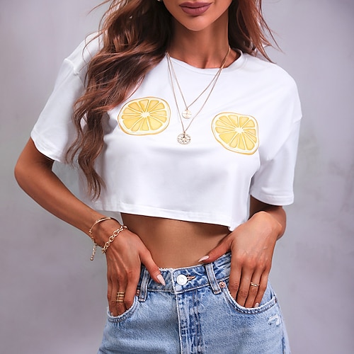 

Women's Casual Weekend Painting Crop Tshirt T shirt Tee Graphic Fruit Short Sleeve Round Neck Basic Tops White Black Khaki S