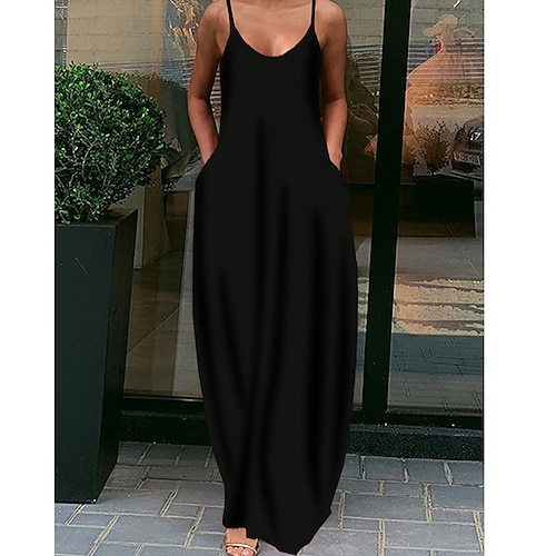 

dame lang kjole maxi kjole vin sort blå ærmeløs ren farve lomme forår sommer v hals slim 2023 s m l xl xxl xxxl 4xl 5xl