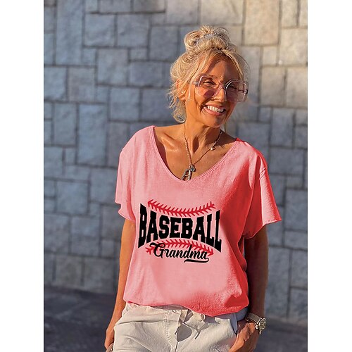 

Women's Casual Weekend Painting T shirt Tee Text Baseball Short Sleeve Print V Neck Basic Tops Green White Black S