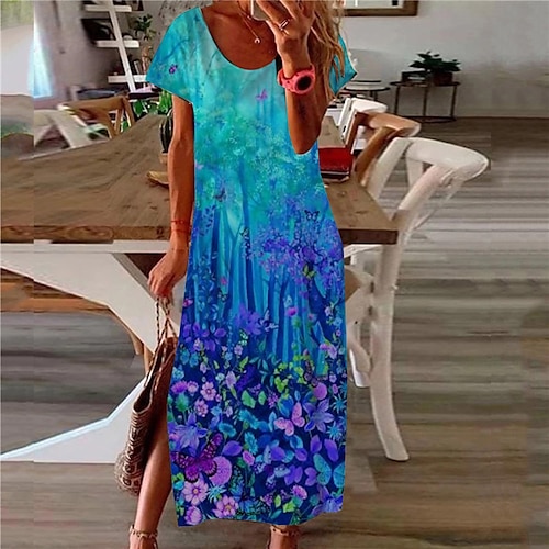 

Women's Shift Dress Maxi long Dress Blue Light gray Dark Gray Brown Light Blue Short Sleeve Floral Color Gradient Split Print Spring Summer V Neck Casual Vacation 2022 S M L XL XXL 3XL