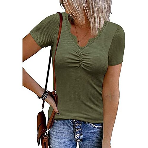 

Women's Henley Shirt T shirt Plain Lace Button V Neck Basic Tops Black Pink Wine