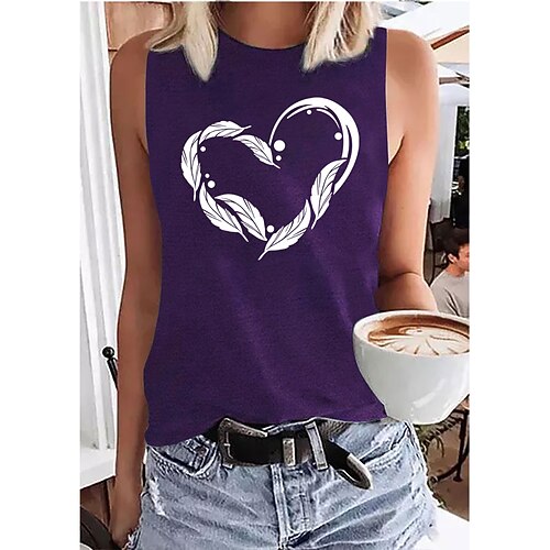 

Women's Daily Holiday Going out Tank Top Graphic Heart Feather Sleeveless Print Round Neck Basic Tops Blue Purple Pink S