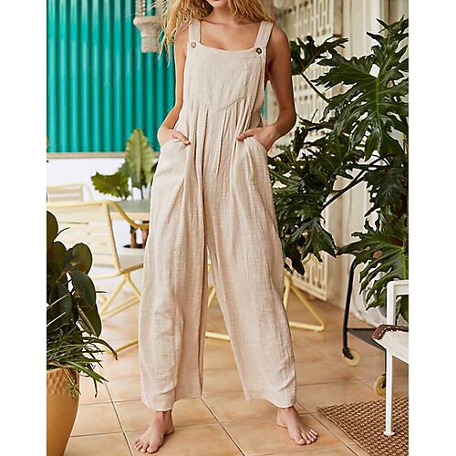

Women's Pants Trousers Jumpsuit Rompers Faux Linen Red Beige Gray Mid Waist Fashion Casual Weekend Side Pockets Micro-elastic Full Length Comfort Plain S M L XL XXL / Loose Fit