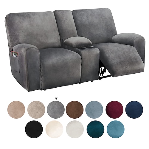 

Reclining Love Seat with Middle Console Slipcover, 1 Set of 8-Pieces Velvet Stretch Loveseat Reclining Sofa Covers, 2 seat Loveseat Recliner Cover, Thick, Soft, Washable, Love seat Slipcovers
