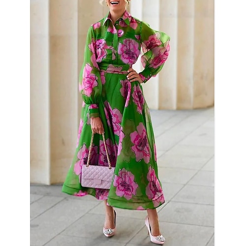 

Women's Work Dress Floral Dress Midi Dress Green Long Sleeve Floral Ruched Winter Fall Spring Shirt Collar Romantic Winter Dress Daily Vacation 2022 S M L XL XXL 3XL