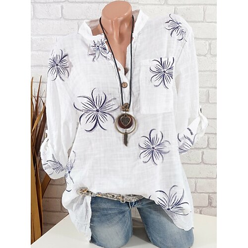 

Women's Floral Blouse Shirt Floral Button Print Standing Collar Casual Streetwear Tops White / 3D Print