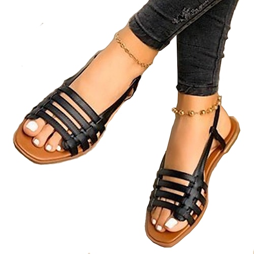 

Women's Sandals Outdoor Daily Beach Gladiator Sandals Roman Sandals Summer Flat Heel Open Toe Casual PU Leather Loafer Solid Colored Black Champagne White