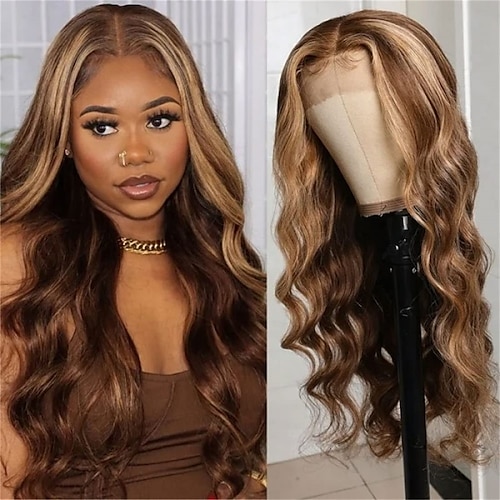 

Honey Blonde Highlight 13x4 Lace Frontal Body Wave Wigs Human Hair for Black Women Brazilian Virgin Hair Piano Color Wig with Baby Hair Pre Plucked 150% Density