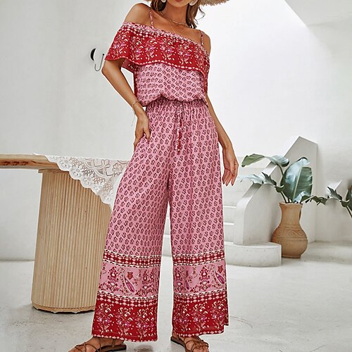 

Combinaison Femme Dos Nu Imprimer Floral Epaules Dénudées Casual Plein Air du quotidien Standard Manche Courte Rouge S Printemps