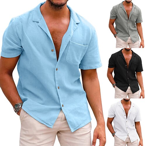 

Men's Shirt Solid Color Turndown Black Light Blue Gray White Street Daily Short Sleeve Button-Down Clothing Apparel Fashion Casual Breathable Comfortable