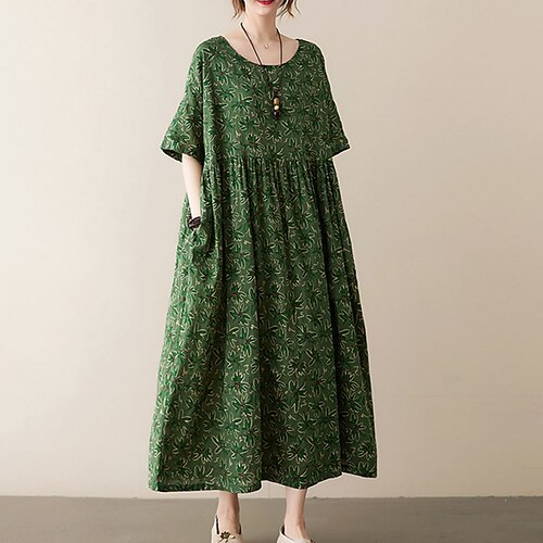 

Women's Casual Dress Shift Dress Swing Dress Midi Dress Green Khaki Half Sleeve Floral Ruched Spring Summer Crew Neck Weekend Loose Fit 2022 One-Size