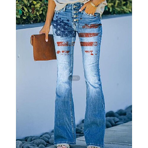 

Women's Pants Trousers Bell Bottom Faux Denim Blue Yellow Red High Waist Fashion Casual Daily Independence Day Print Micro-elastic Full Length Flag S M L XL XXL / Loose Fit