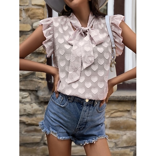 

Women's Daily Weekend Blouse Shirt Heart Short Sleeve Lace up Ruffle Print V Neck Casual Streetwear Tops Pink S