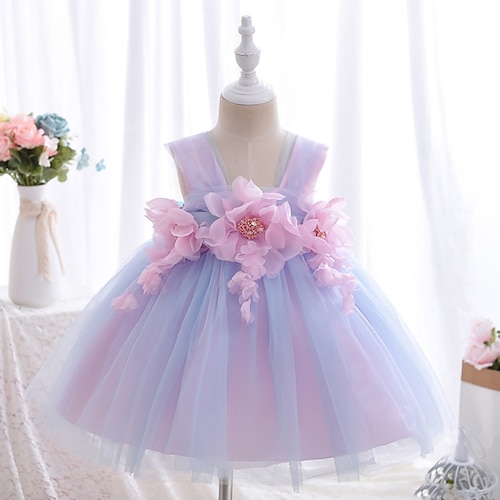

Kids Little Girls' Dress Flower A Line Dress Daily Performance Ruched Mesh Purple Light Green Knee-length Sleeveless Cute Sweet Dresses Summer Regular Fit 2-8 Years