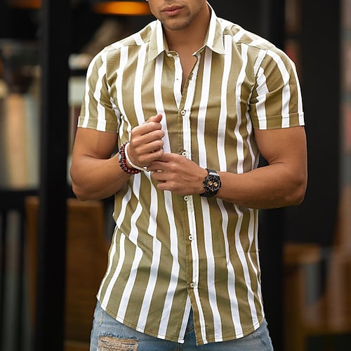 

Men's Shirt Striped Turndown Brown Hot Stamping Outdoor Street Short Sleeve Button-Down Print Clothing Apparel Cotton Fashion Casual Breathable Comfortable / Summer / Summer