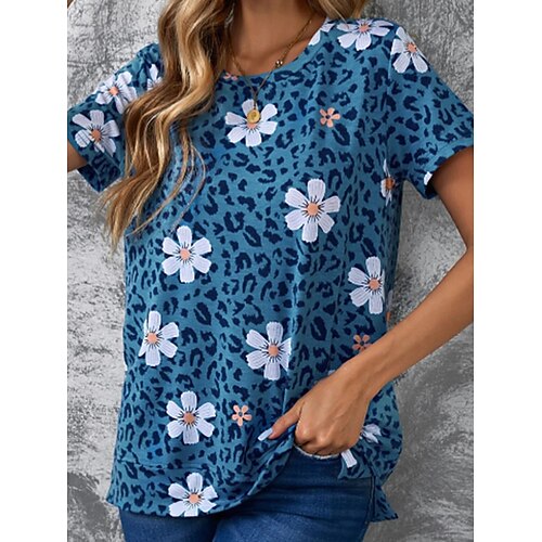 

Women's Casual Holiday Weekend Floral Painting T shirt Tee Floral Leopard Short Sleeve Print Round Neck Basic Tops Blue S / 3D Print