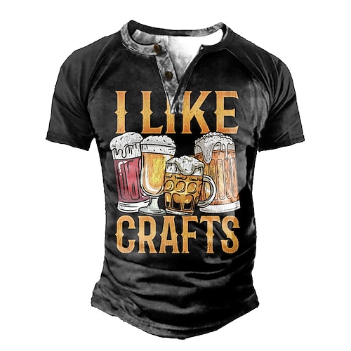 

Men's Henley Shirt Tee T shirt Tee 3D Print Graphic Beer Plus Size Henley Daily Sports Patchwork Button-Down Short Sleeve Tops Basic Casual Classic Designer Black