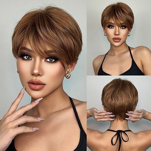 

HAIRCUBE Short Blonde Golden Wigs with Pixie Cut Bang Bob Straight Natural Fake Hairs for Women Daily Heat Resistant Wigs