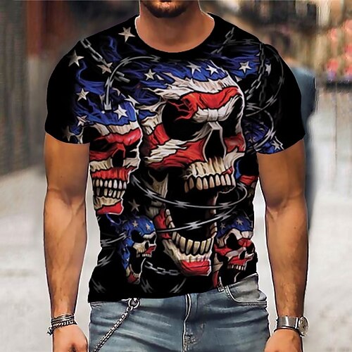 

Men's Unisex T shirt Tee 3D Print Graphic Prints Skull National Flag Crew Neck Street Daily Print Short Sleeve Tops Casual Designer Big and Tall Sports Black