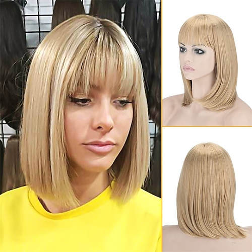 

Ombre Blonde Wigs 15Inch Short Straight Bob Hair Wig With Bangs Heat Resistant Synthetic Strawberry Blonde Wig for Women Cosplay Daily Party Use