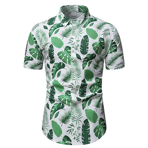 

Men's Shirt Print Leaves Plus Size Turndown Holiday Print Short Sleeve Tops Casual Classic Green